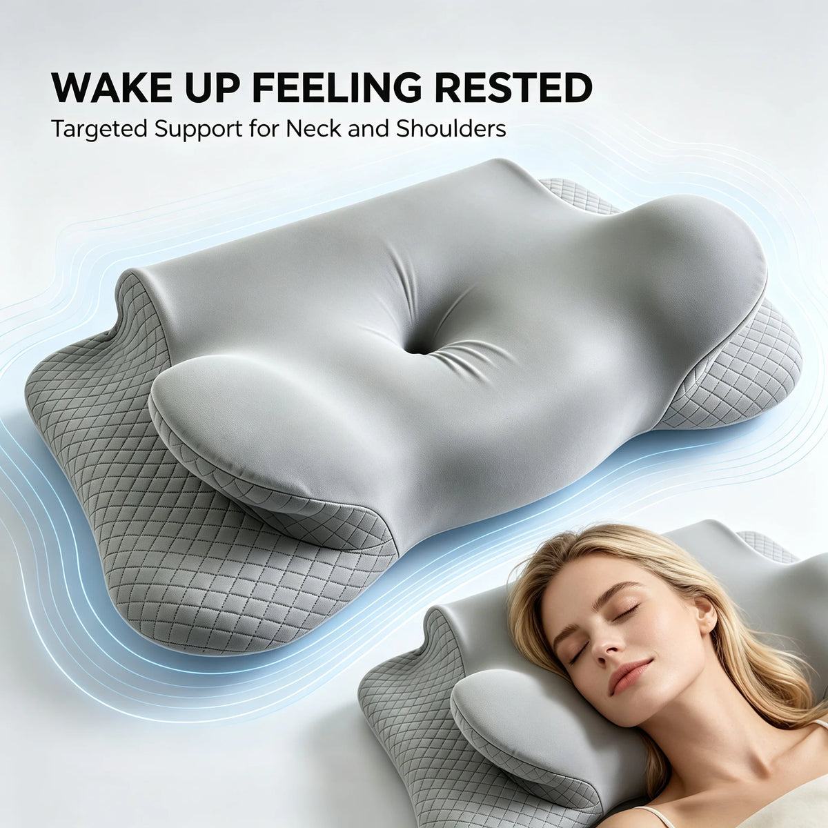 Gray memory foam pillow designed for targeted support for the neck and shoulders.
