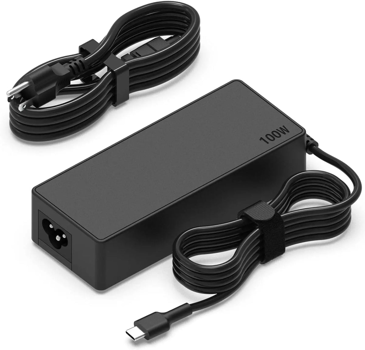 A black 100W USB-C fast charger with a cable is shown on a white background.