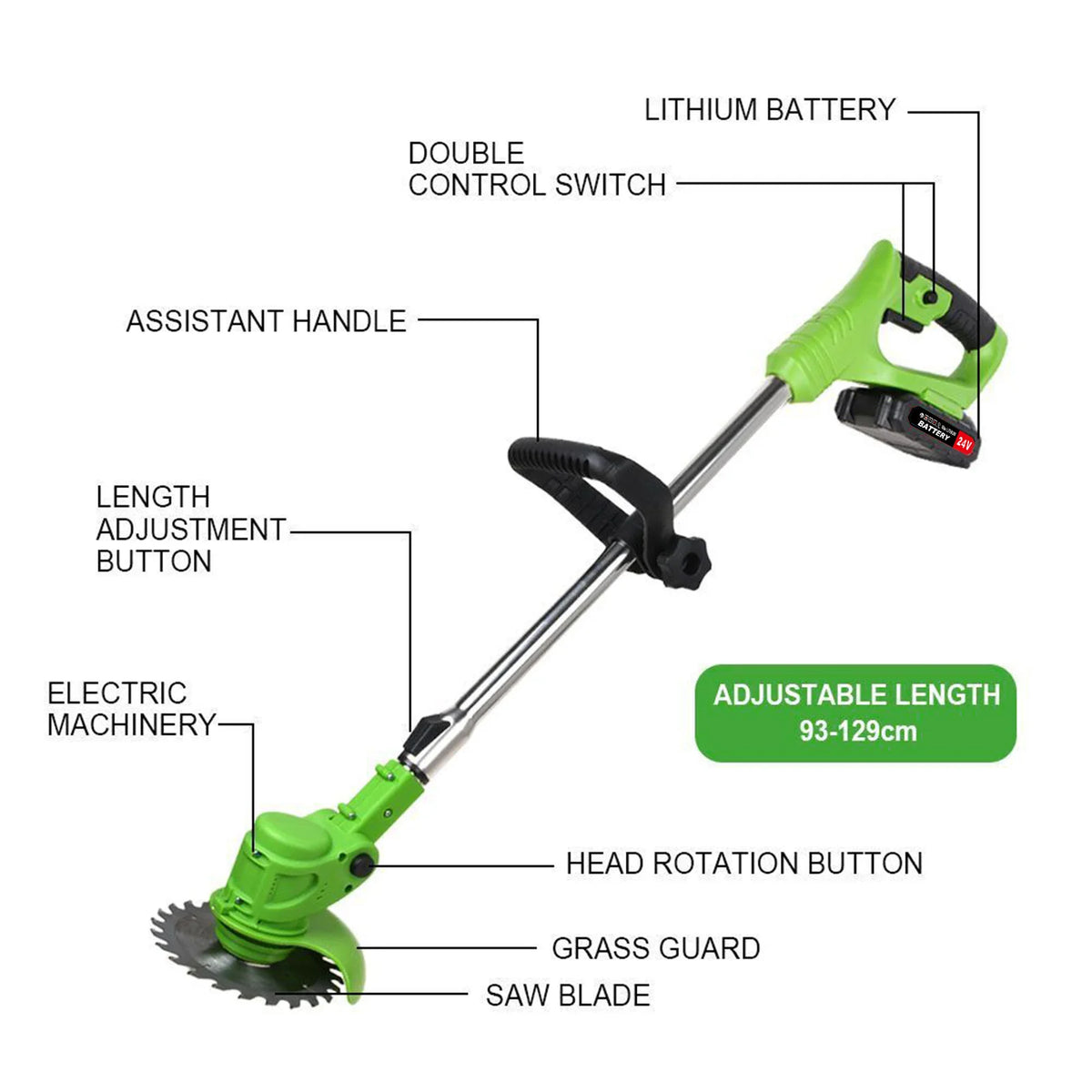 A green cordless electric lawn mower and string trimmer with an assistant handle, showing various adjustment points.