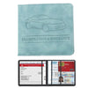 A light blue leather card holder wallet displaying a line drawing of a car and text for registration and insurance.