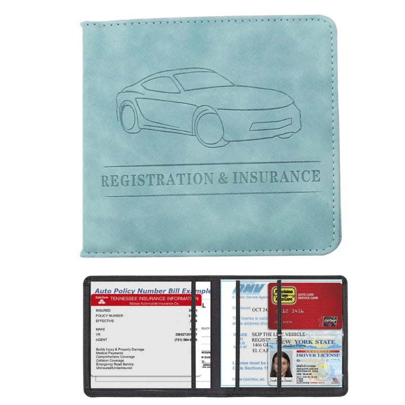 A light blue leather card holder wallet displaying a line drawing of a car and text for registration and insurance.