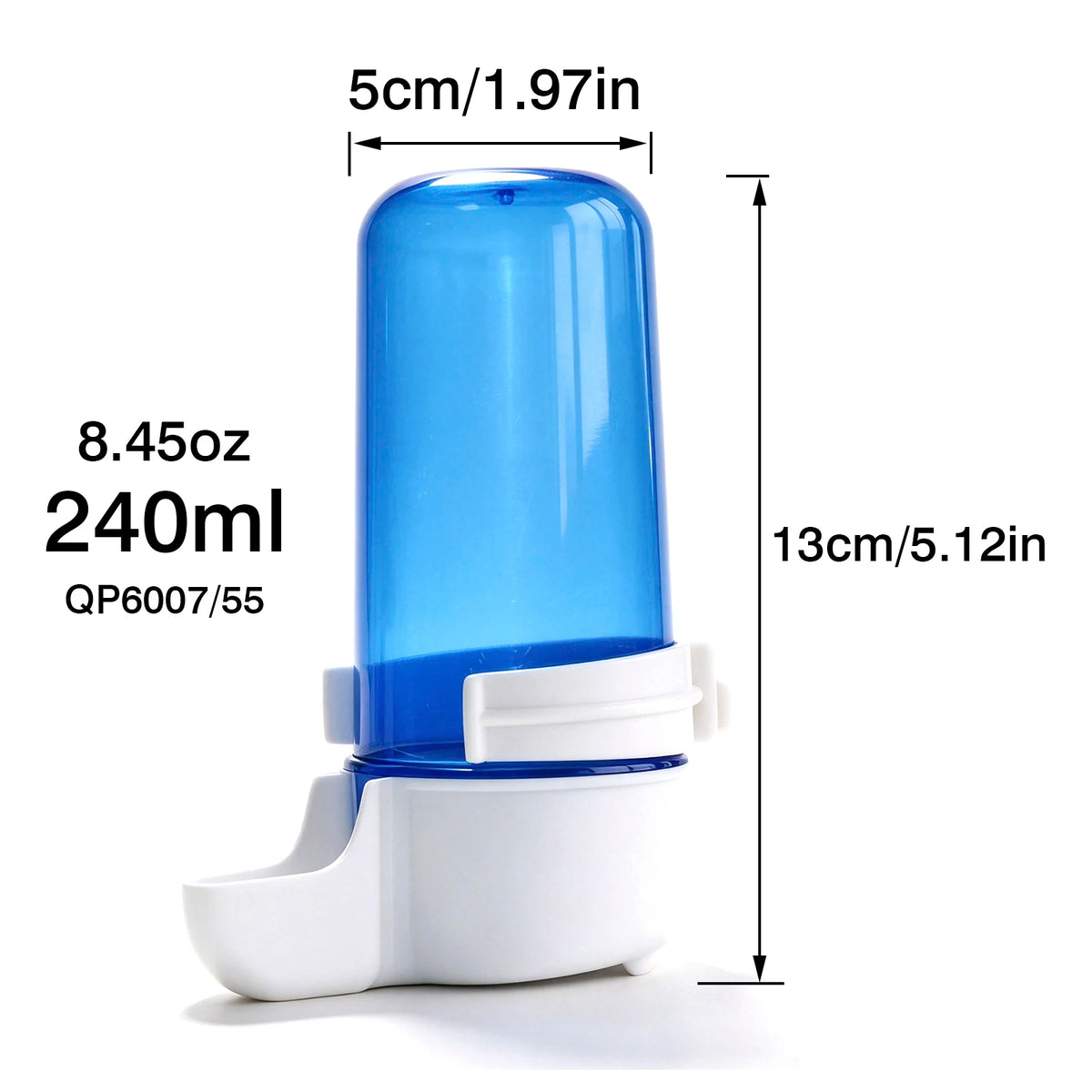 A blue plastic hanging bird feeder and water dispenser with white components.