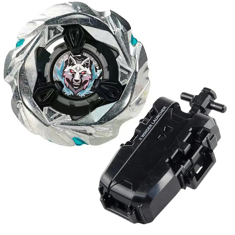 A Beyblade starter set featuring a silver gyroscope with a phoenix wing emblem and a black launcher piece.