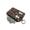 A brown leopard print PU leather card holder with a zippered coin pocket and a gold-colored keychain.