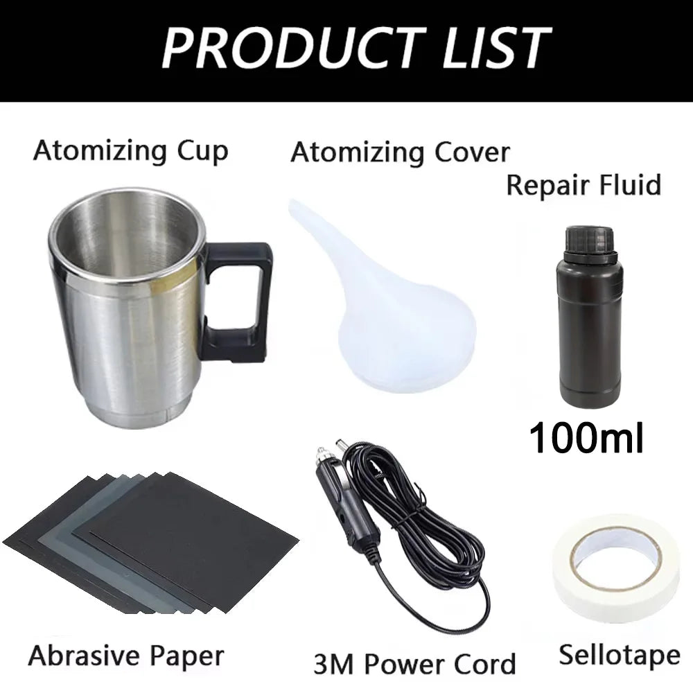 Lista de productos que incluye una taza atomizadora, tapa, fluido de reparación, papel abrasivo, cable de alimentación 3M y c