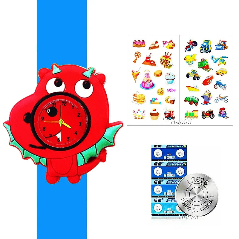 A red dinosaur-shaped digital watch with a silicone band and various dinosaur-themed icons.