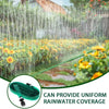 A flat soaker hose with a rain-like spray is shown watering a garden and lawn.