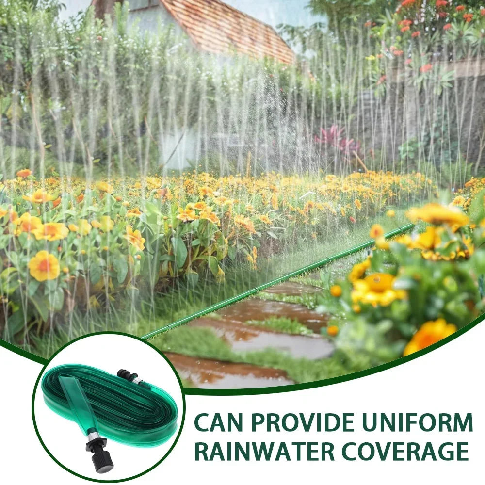 A flat soaker hose with a rain-like spray is shown watering a garden and lawn.