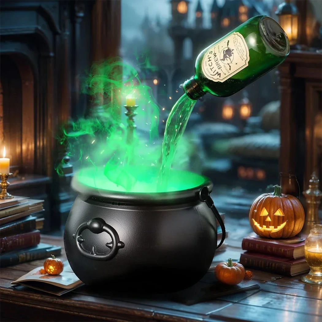 A dark cauldron emits a bright green fog mist with a floating potion effect in a Halloween-themed setting.