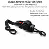 A black auto retract ratchet featuring a main body, webbing, and S-hook for tie-down applications.