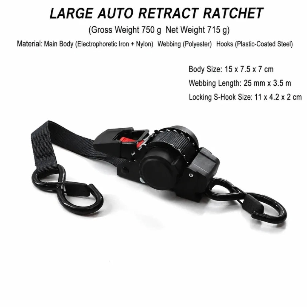 A black auto retract ratchet featuring a main body, webbing, and S-hook for tie-down applications.