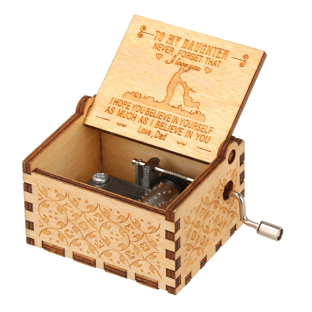 A vintage hand-cranked wooden music box with a lid featuring a message to a daughter and a small wooden box.