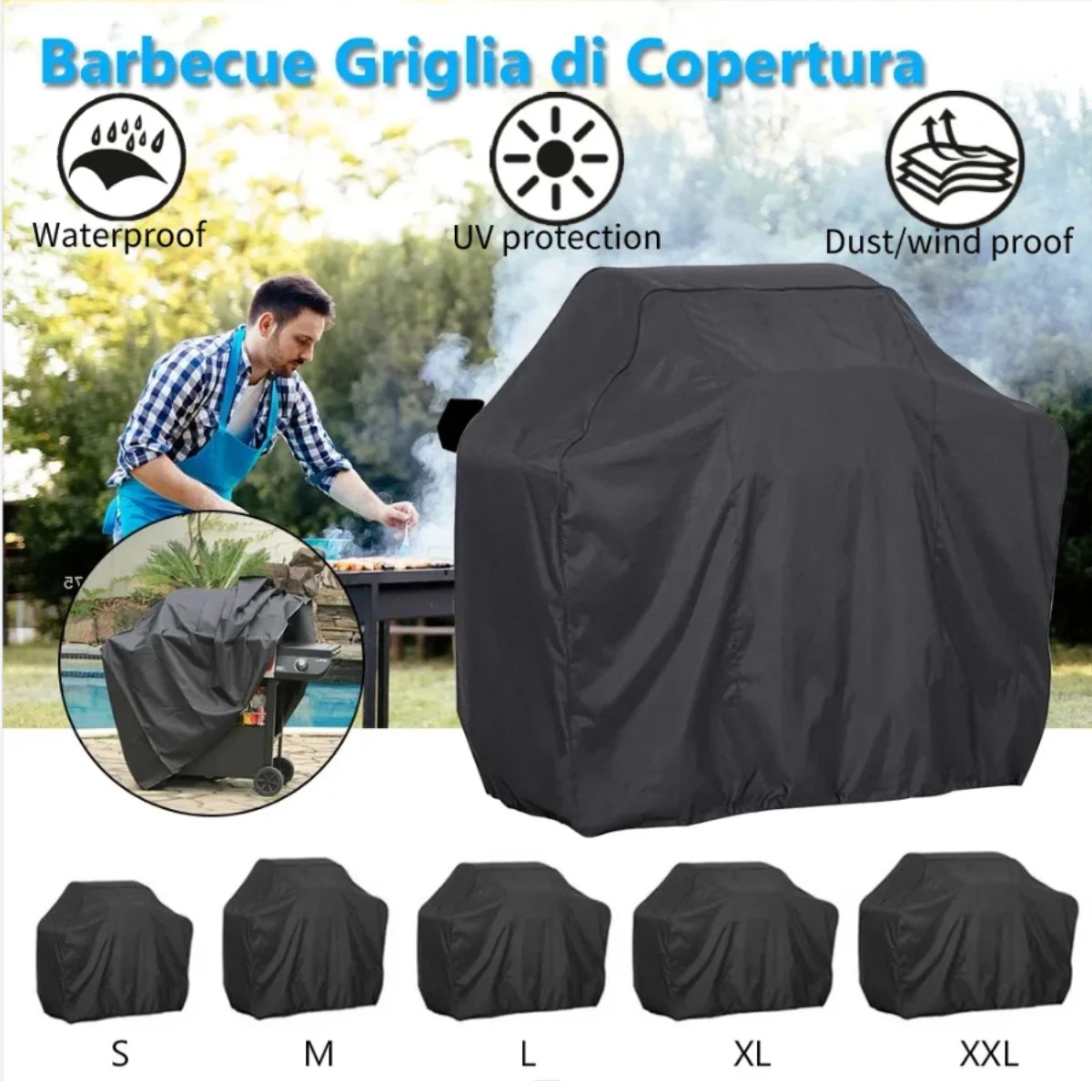 Black heavy duty waterproof grill cover shown with size options S through XXL