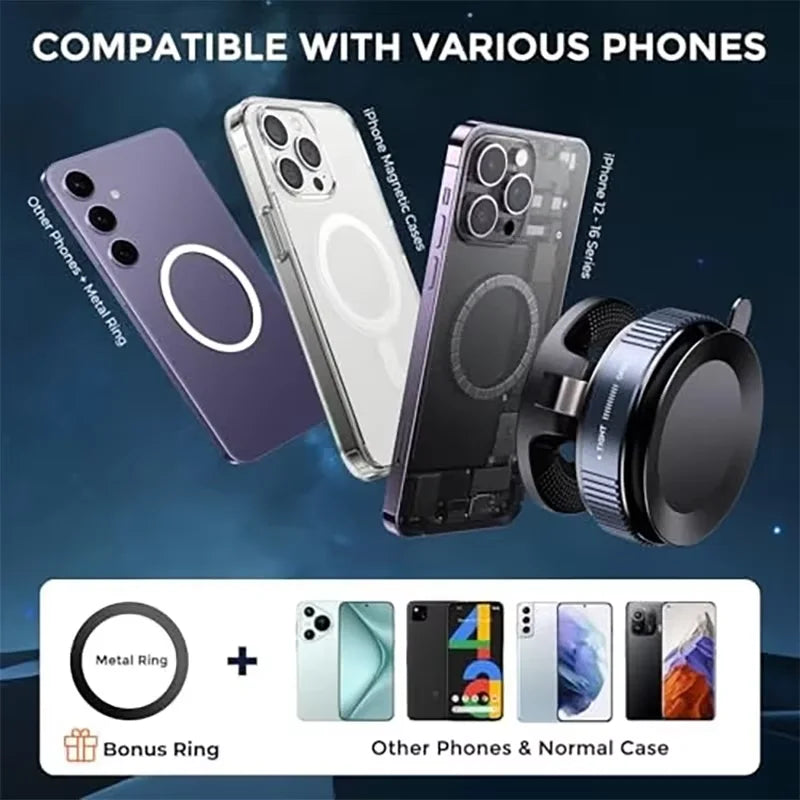 Magnetic car phone mount with a metal ring and bonus ring compatible with various phones