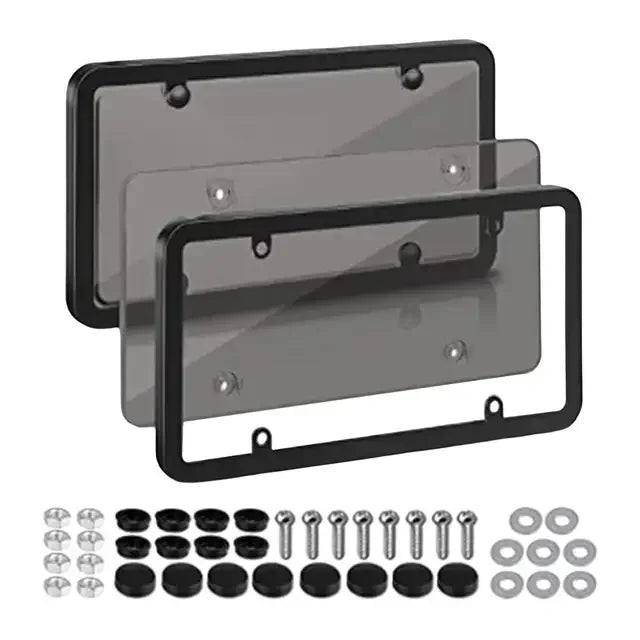 Two black tinted license plate protectors and various mounting hardware are shown.