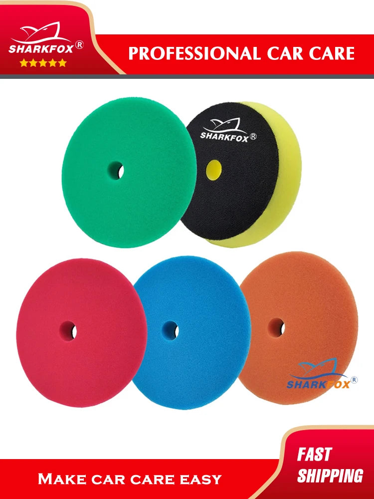 A set of four colored car care polishing sponge pads for professional car care.