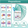 A set of 10 Montessori English vocabulary flash cards featuring prepositions like between, near, beside, and in front of.