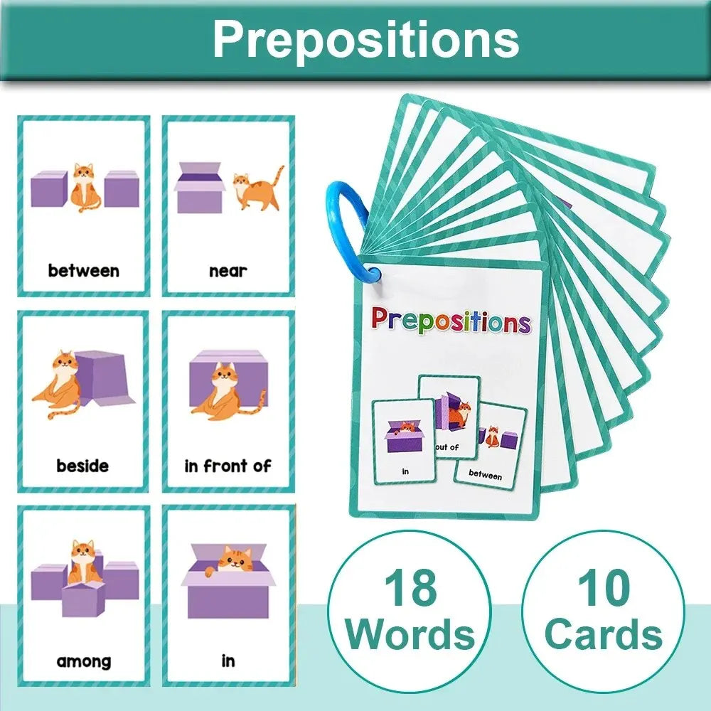 A set of 10 Montessori English vocabulary flash cards featuring prepositions like between, near, beside, and in front of.