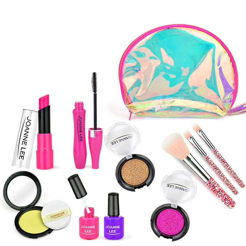A collection of pink and purple makeup products including lipsticks, brushes, and eyeshadow palettes for a kids' pretend play