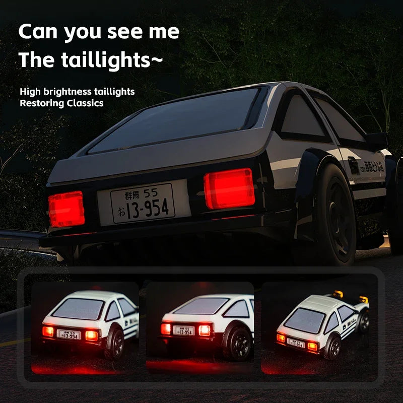 A black classic car with bright red taillights is shown, alongside three versions of the RC drift car.
