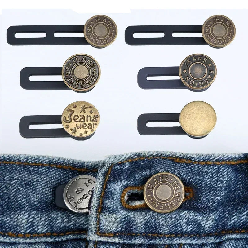 Six brass and gold-toned no-sew button waist extenders for denim jeans