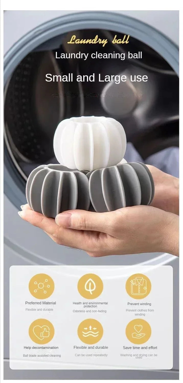 A hand holds a grey laundry ball, demonstrating the small and large use of this laundry cleaning ball.
