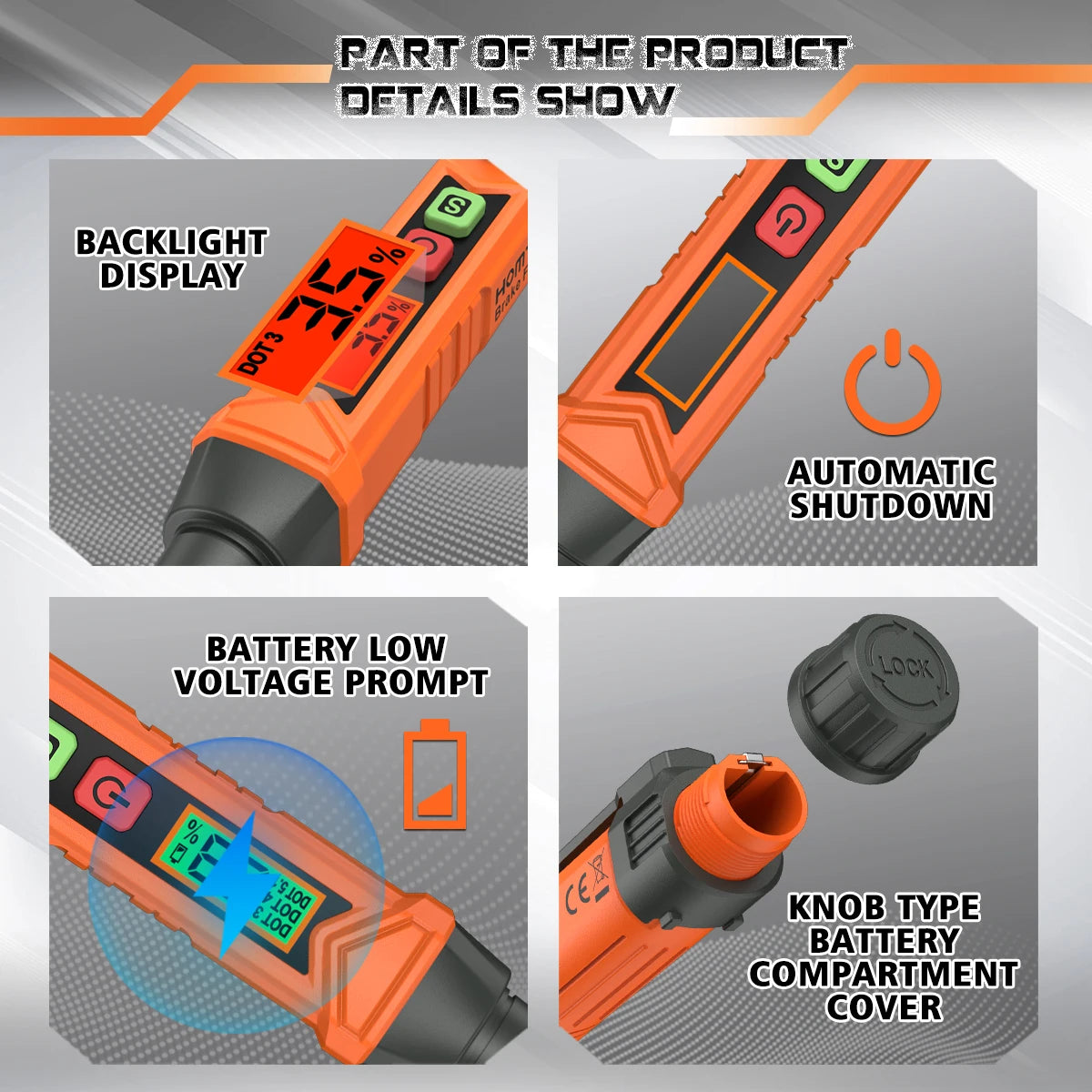 Details of a digital brake fluid tester showing the backlight display, automatic shutdown switch, battery low voltage prompt,