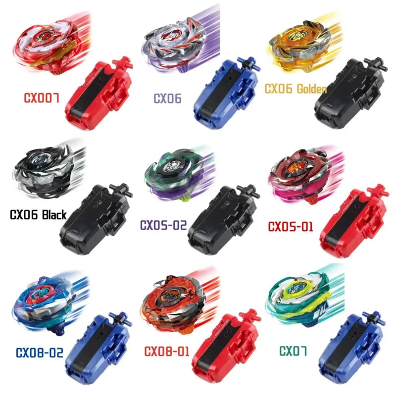 A collection of Beyblade Burst CX series metal fighting tops in various colors and launchers.