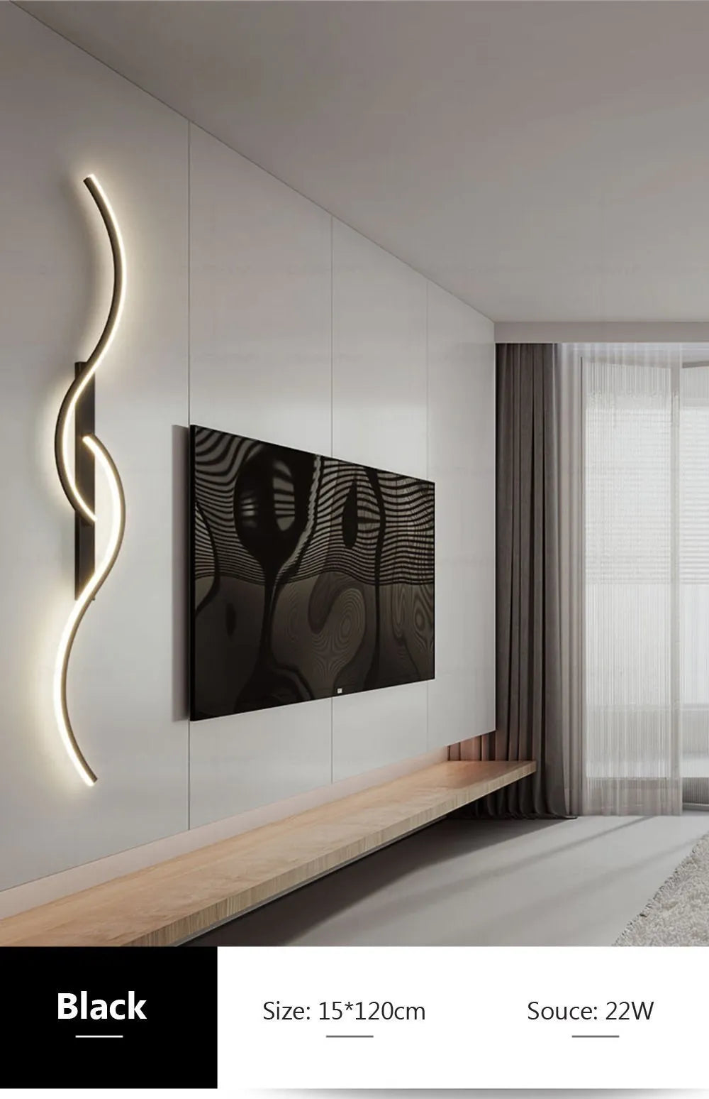 A modern minimalist LED wall lamp illuminates a dark rectangular artwork on a white wall.