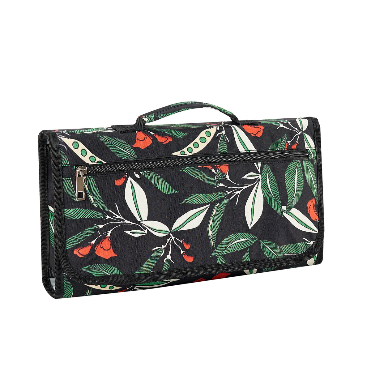 A black foldable waterproof baby changing pad featuring a tropical leaf and fruit pattern.