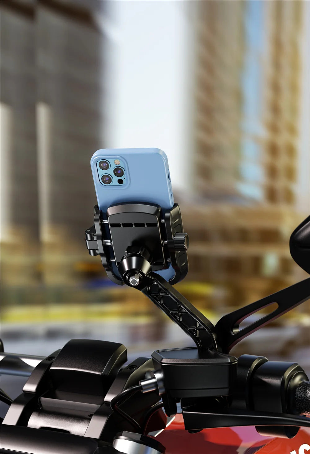 A light blue smartphone is mounted on a black quick-release motorcycle or bike phone mount.