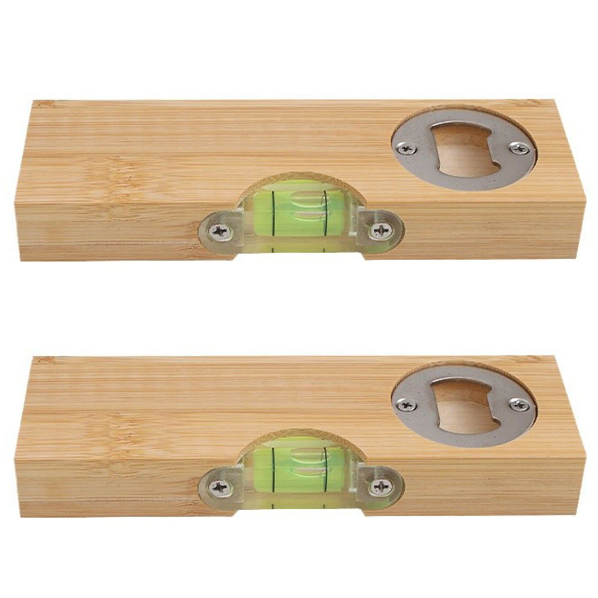 Holz-Öffner mit integriertem Spiritlevel, heller Holzkorpus und Metallteile.