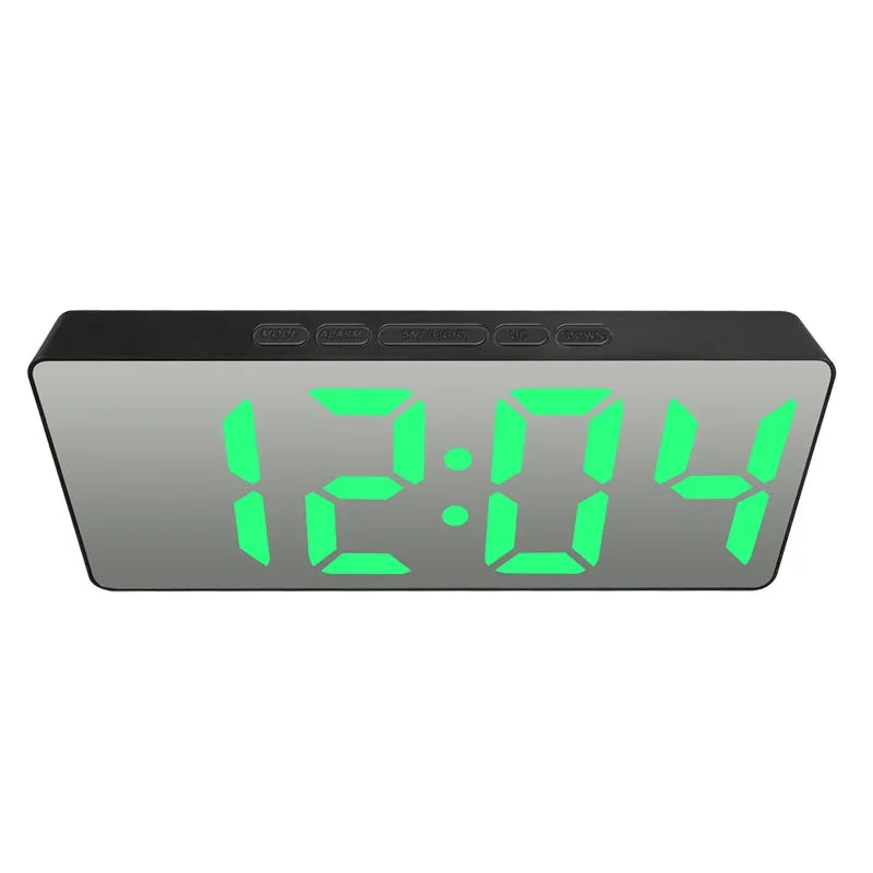 A digital weather station clock displaying the time 12:04 with bright green LED numbers.