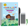 A colorful math practice copybook for preschoolers featuring a chalkboard illustration and writing tools.
