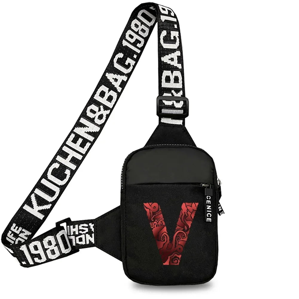 Black canvas chest bag with a strap featuring the text KUCHEN&BAG.1980