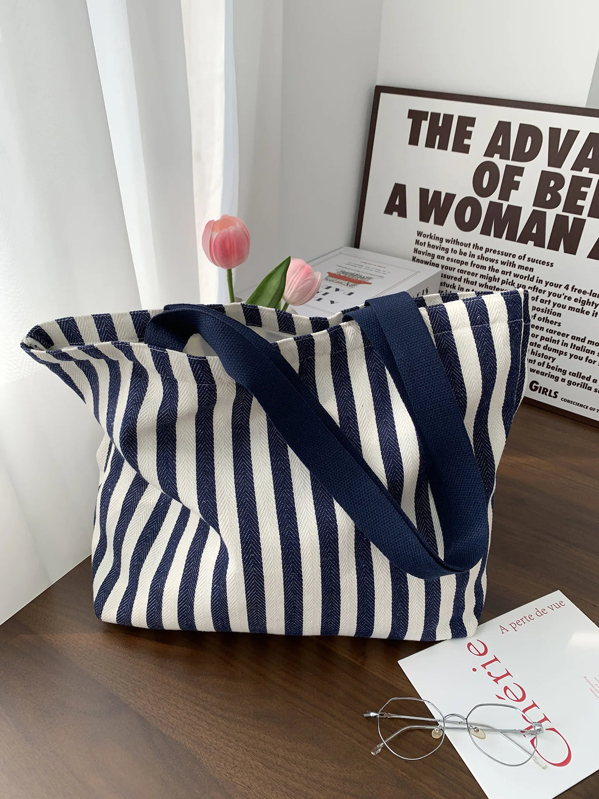 Striped Canvas Shoulder Tote Bag