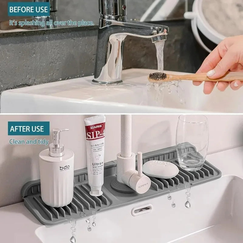 A silicone faucet splash mat is shown being used in a kitchen sink, demonstrating its function before and after use.