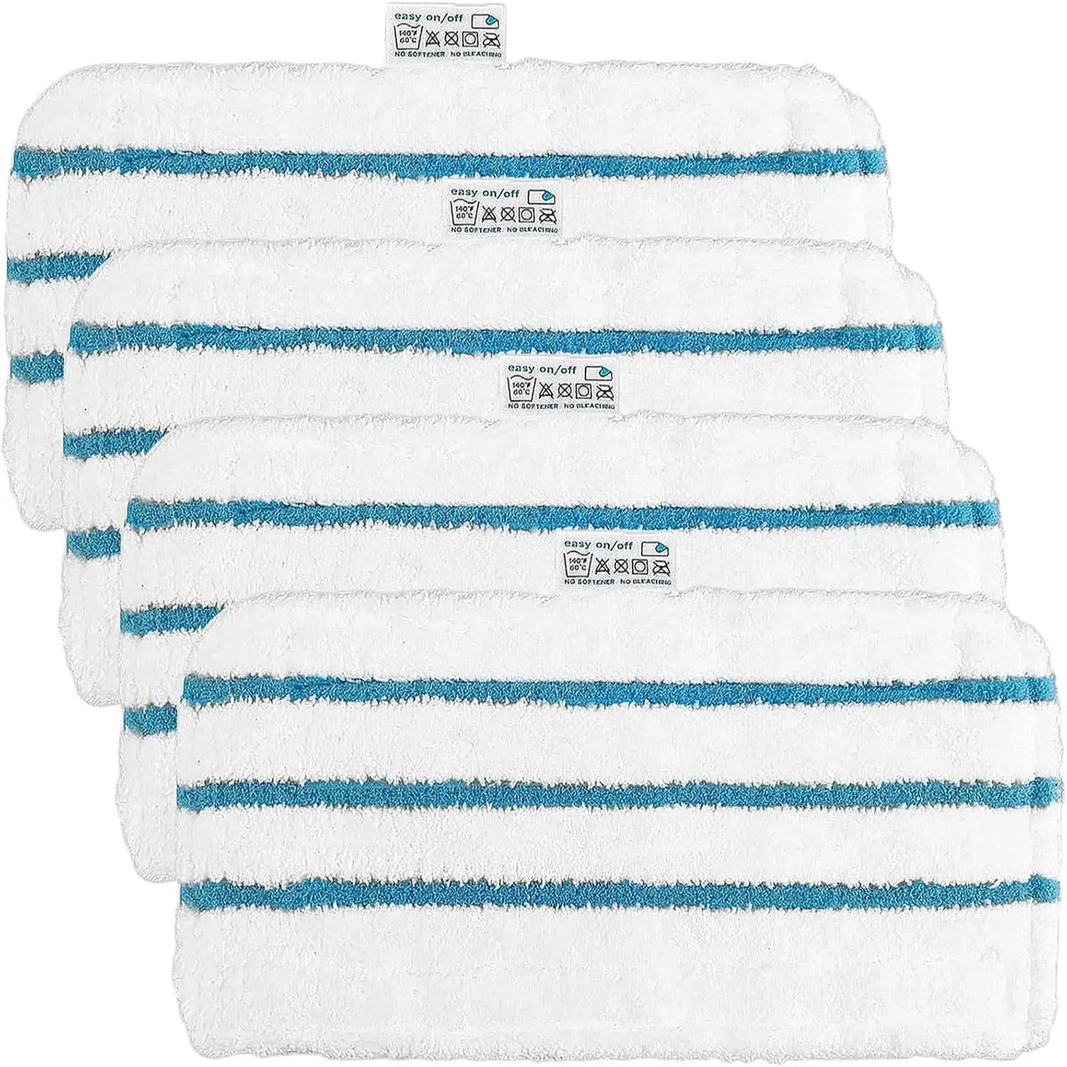 Stack of white microfiber pads with blue stripes for replacement steam mop pads