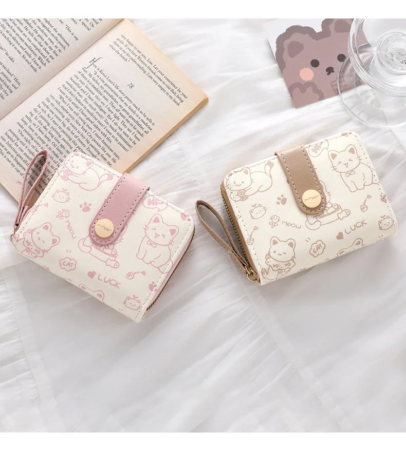 Cute Cat Face PU Leather Coin Purse with Wrist Strap