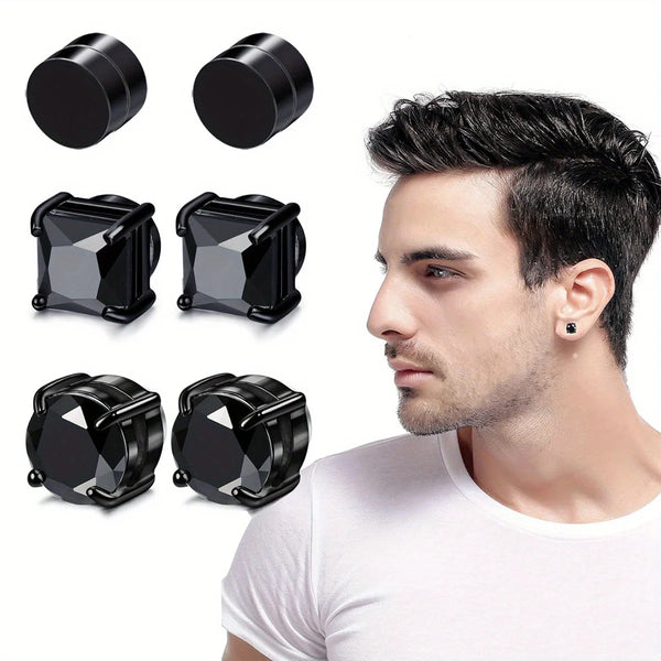 Boucles d'oreilles à tige magnétique en cristal noir, vues sous différents angles et portées par un homme.