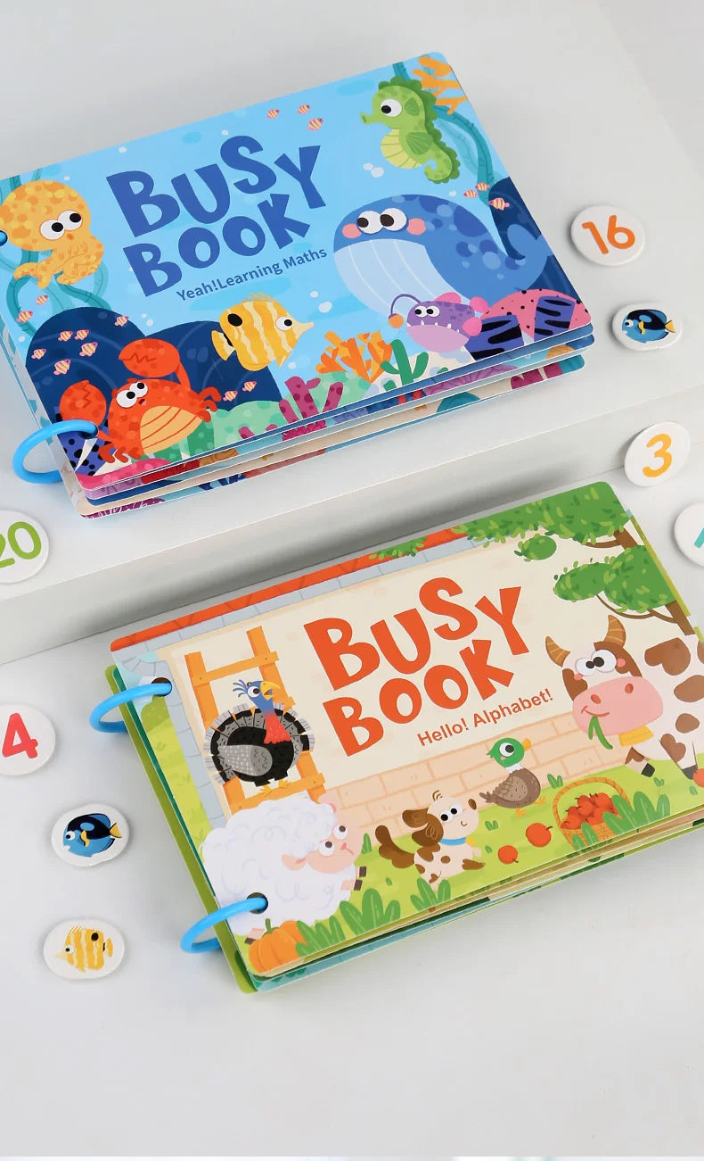 A colorful Busy Book for learning maths and alphabet, featuring various animals and objects.