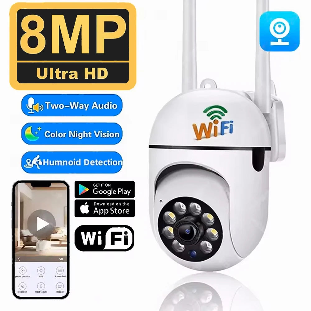 A white 8MP Wi-Fi security camera with a lens, showing features like Two-Way Audio and Color Night Vision.