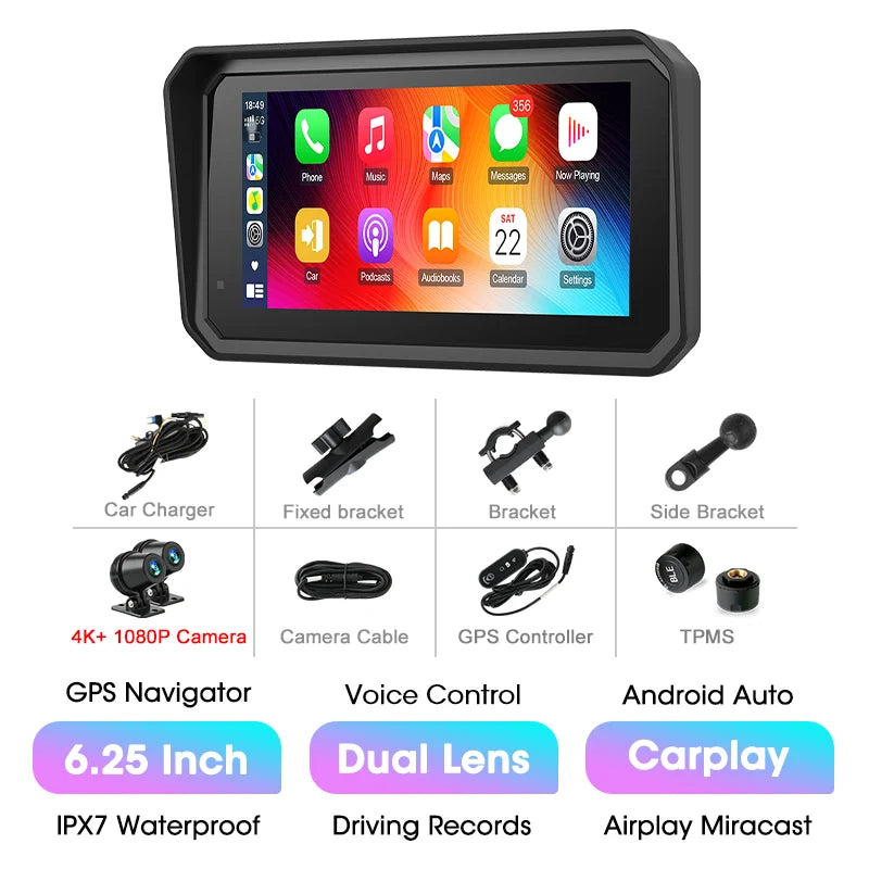 5/6.25 Inch Waterproof Motorcycle GPS with CarPlay and Android Auto