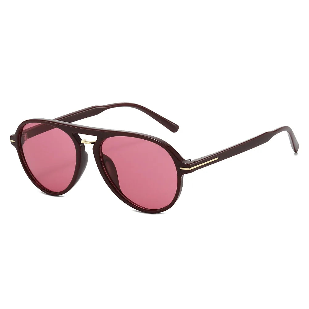 A pair of retro double-beam pilot sunglasses with dark brown frames and pink lenses.
