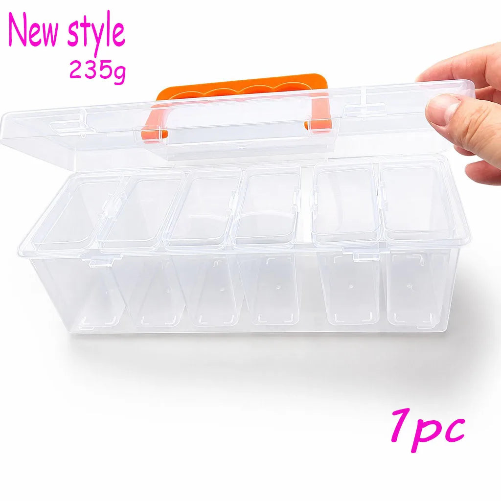 A clear plastic multi-compartment hardware storage box with an orange lid and multiple individual compartments.