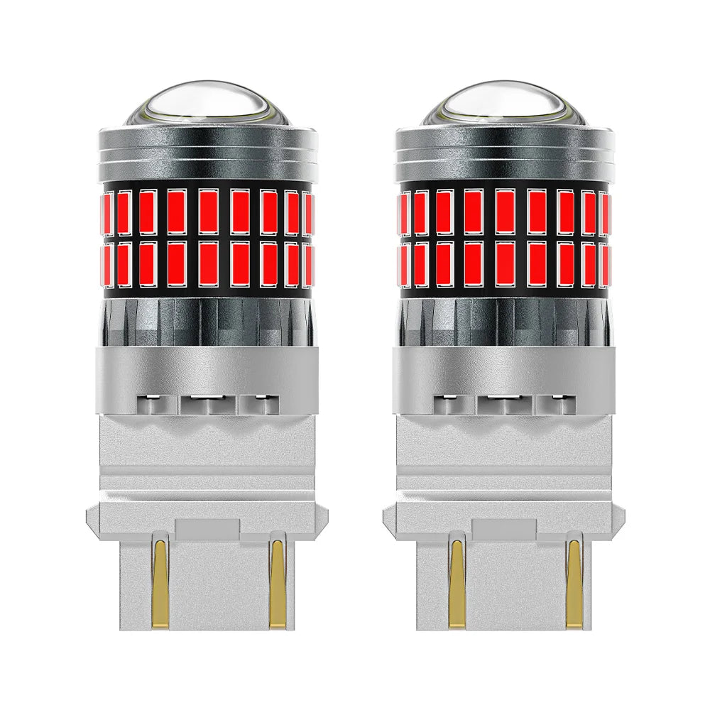 A pair of LED turn signal and reverse light bulbs with clear lenses and red indicator lights.