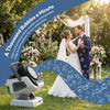 A 360° rotating bubble machine is shown in an outdoor setting with a couple, surrounded by floating bubbles.