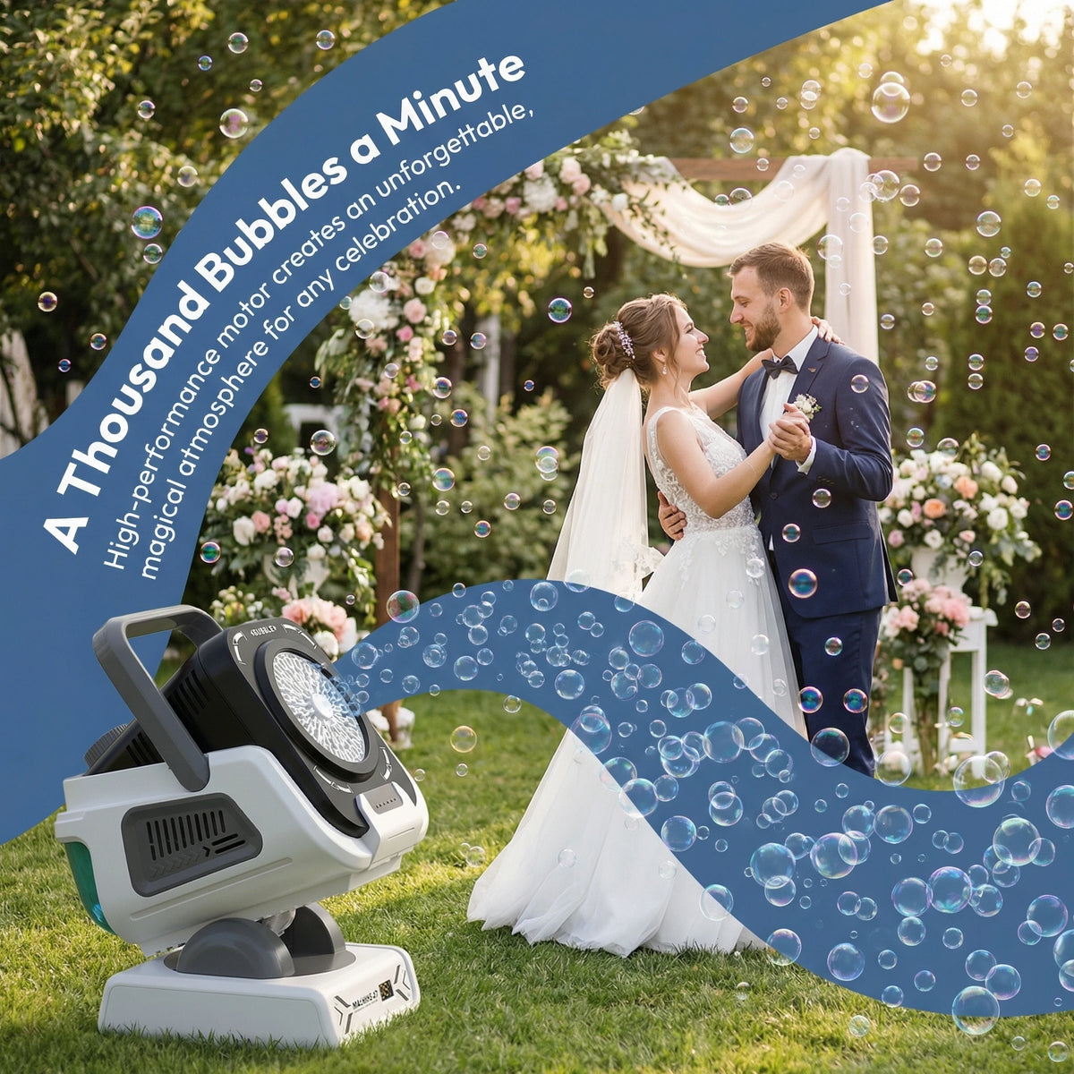 A 360° rotating bubble machine is shown in an outdoor setting with a couple, surrounded by floating bubbles.