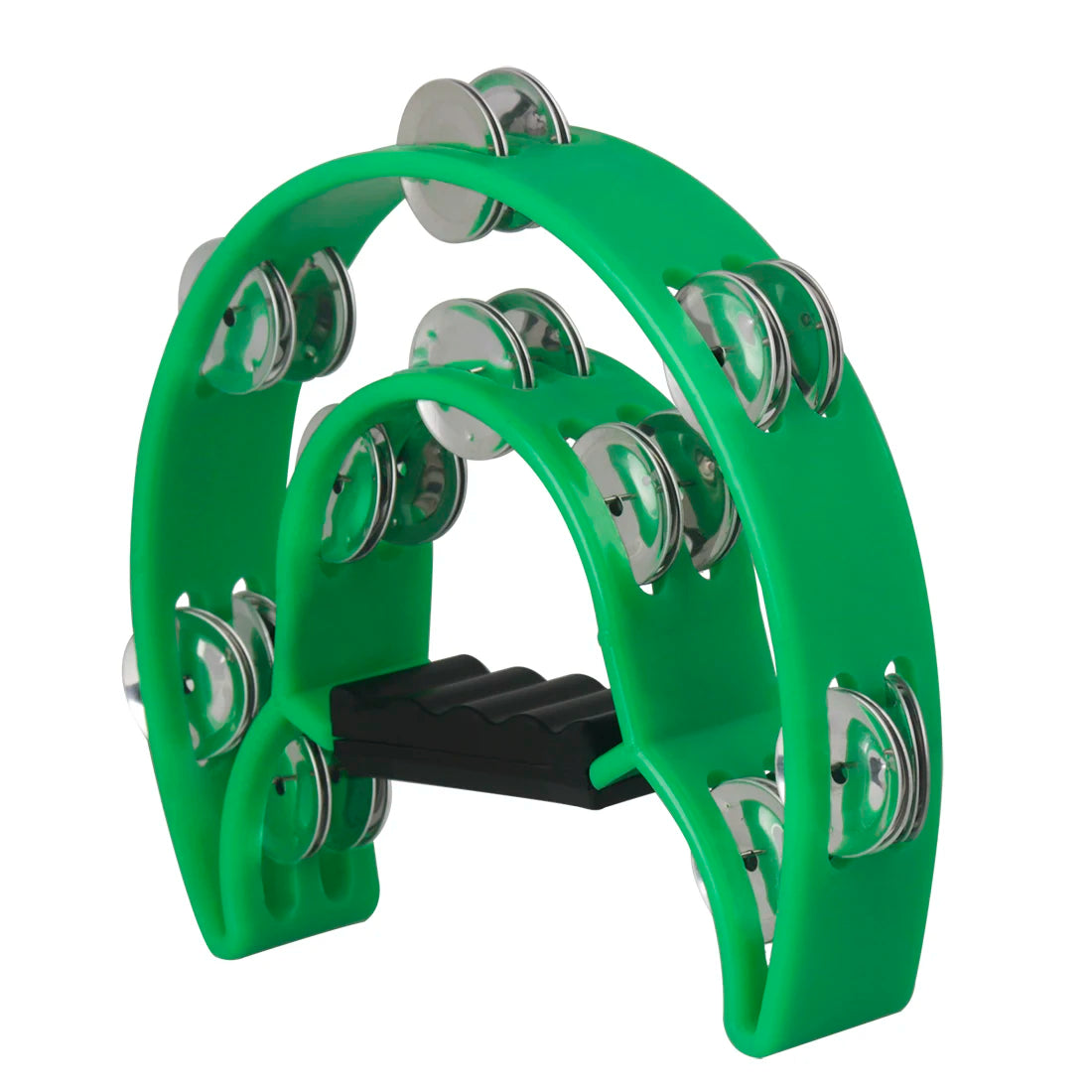 A bright green double-layer half moon tambourine with hand bells.
