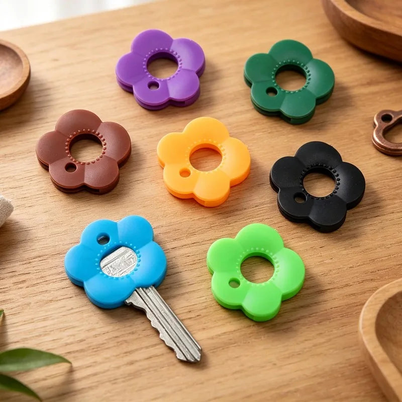 A collection of colorful silicone flower key covers in purple, green, orange, and black are displayed on a wooden surface.
